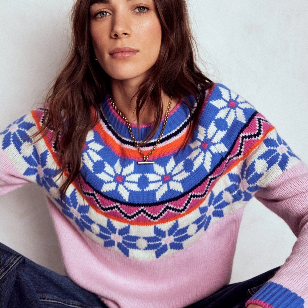 Boden Pink Fair Isle Crewneck Sweater with Blue Yoke